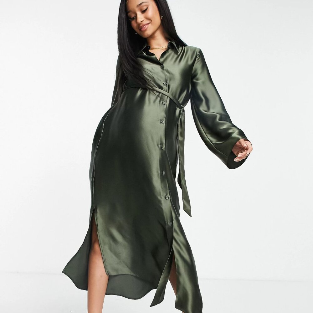 ASOS design maternity wide sleeves satin midi shirt dress olive size 6 (no belt)